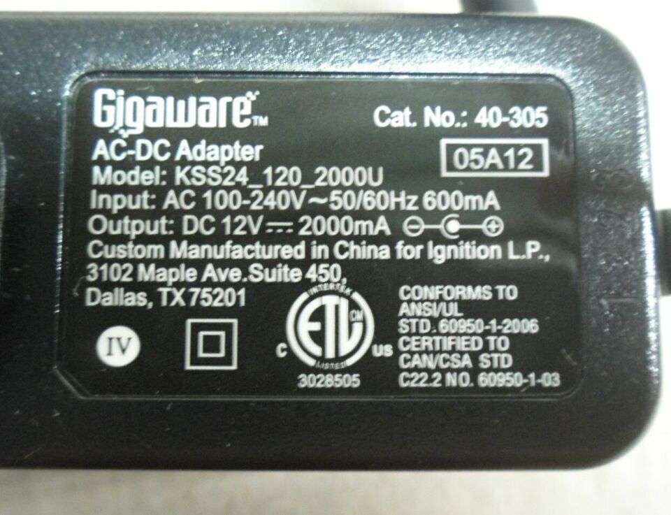 *Brand NEW*Gigaware Model KSS24_120_2000U Cat NO 40-305 Output 12V 2000mA AC-DC Adaptor - Click Image to Close